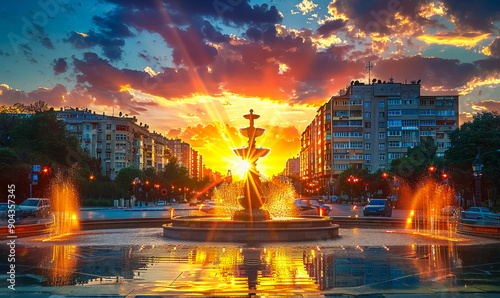 Bucharest Unirii Square Vibrant Sunset Over Fountain with Apartments in Background and Illuminated Sky