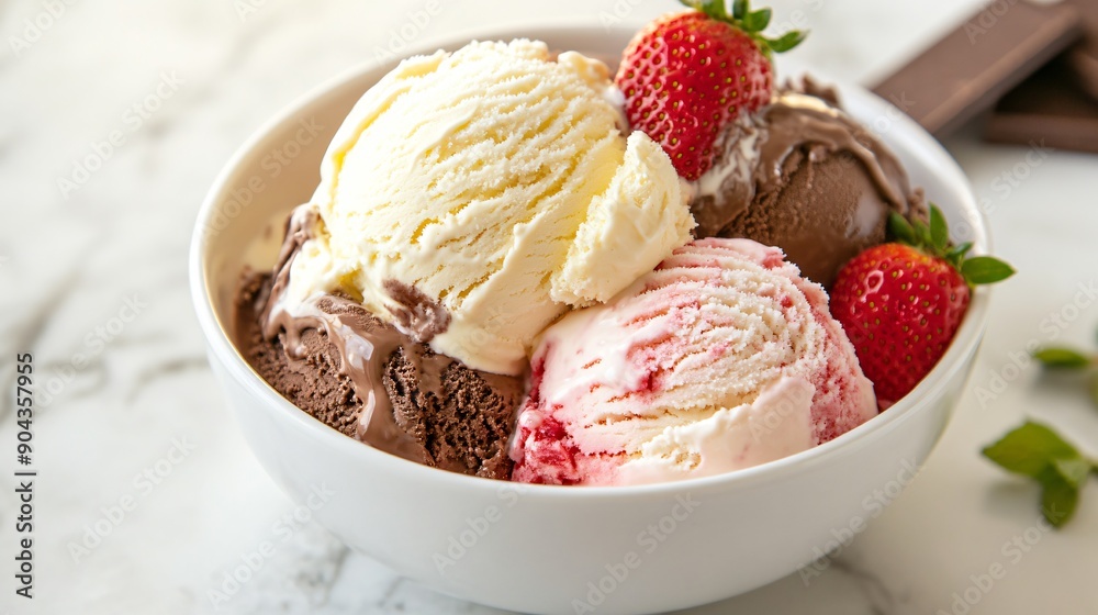 Scoop of classic Neapolitan ice cream with distinct layers of chocolate, vanilla, and strawberry, garnished with fresh fruit Scoop of classic Neapolitan ice cream with distinct layers of chocolate, vanilla, and strawberry, garnished with fresh fruit