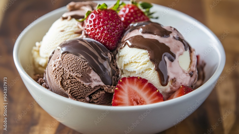 Scoop of classic Neapolitan ice cream with distinct layers of chocolate, vanilla, and strawberry, garnished with fresh fruit Scoop of classic Neapolitan ice cream with distinct layers of chocolate, vanilla, and strawberry, garnished with fresh fruit