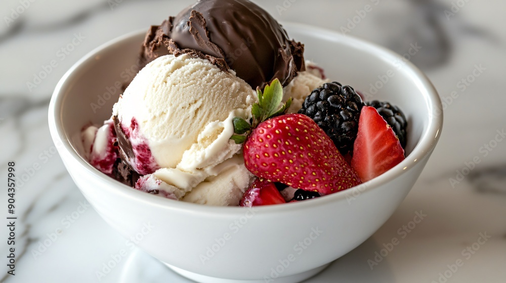 Scoop of classic Neapolitan ice cream with distinct layers of chocolate, vanilla, and strawberry, garnished with fresh fruit Scoop of classic Neapolitan ice cream with distinct layers of chocolate, vanilla, and strawberry, garnished with fresh fruit