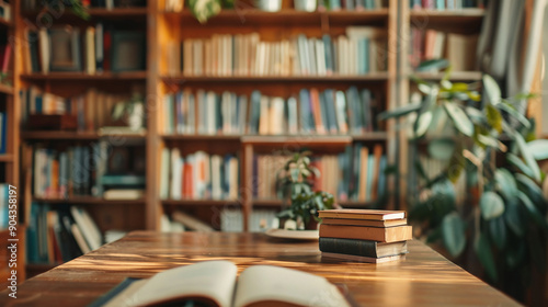 Books on a Wooden Table in a Library