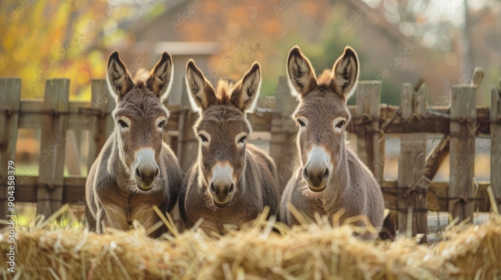Donkeys eating hay by wooden fence during autumn afternoon Donkeys eating hay by wooden fence during autumn afternoon
