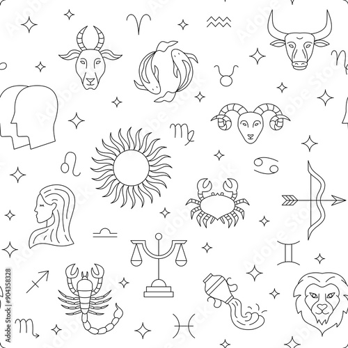 Horoscope Sky Line Seamless Pattern. Vector Illustration of Outline Zodiac Background. 