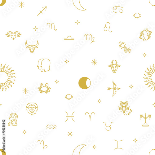 Horoscope Zodiac Seamless Pattern. Vector Line Illustration of Gold Background.