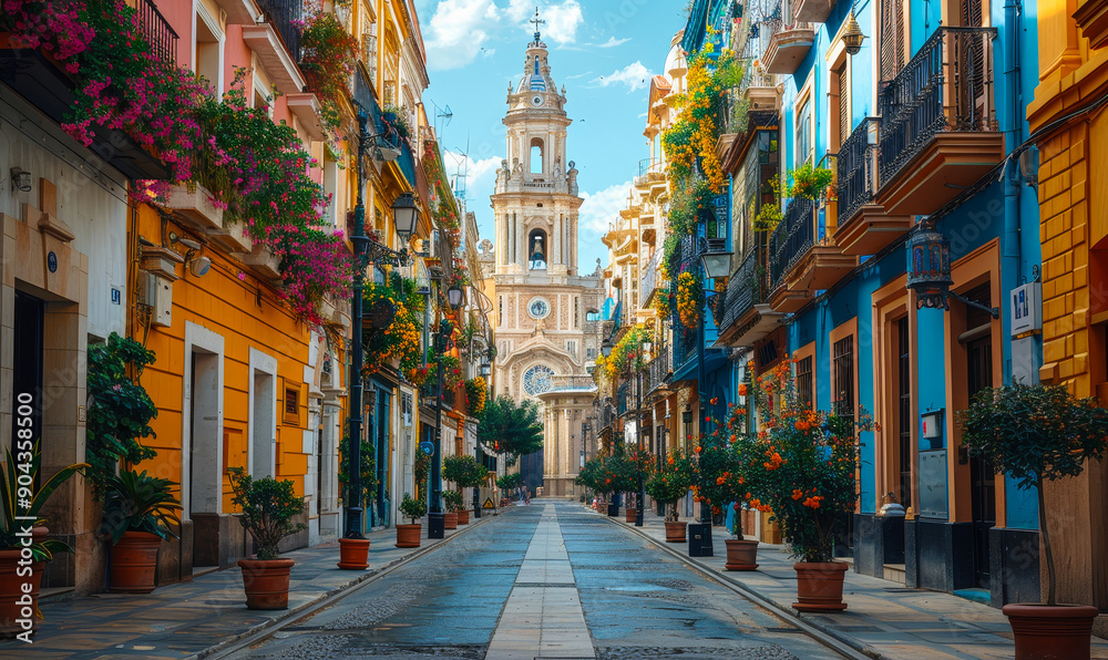 Fototapeta premium Charming Valencia Street Leading to Saint Mary's Square with Vibrant Buildings and Floral Balconies on a Sunny Day