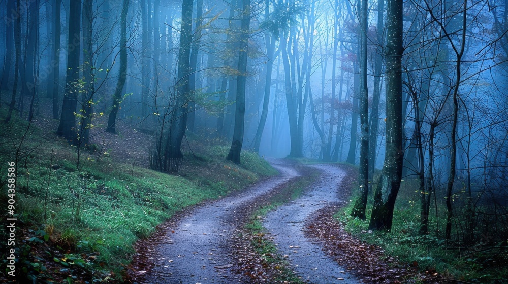 Fototapeta premium Misty morning in a tranquil forest with a winding path, evoking a sense of mystery and peace