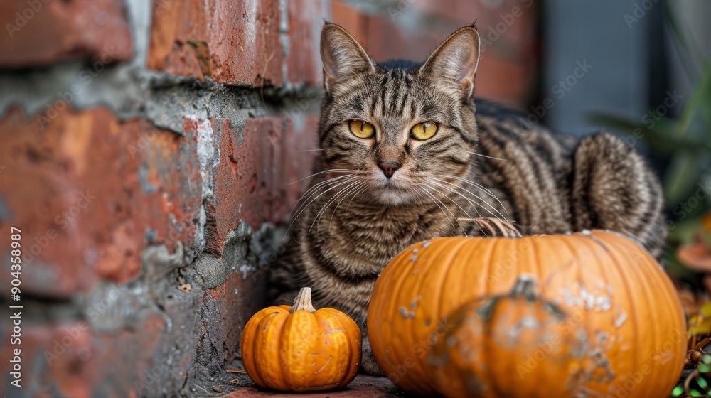 Adorable tabby cat relaxing next to pumpkins against a brick wall in autumn Adorable tabby cat relaxing next to pumpkins against a brick wall in autumn