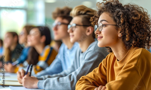 Engaged Multi-Ethnic College Students in Classroom Listening to Lecturer and Taking Notes During Daytime Study Session