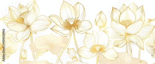 Wallpaper Mural The golden Lotus line art modern in white background. This luxury watercolor wallpaper features lotus flower, leaves, and blooms in hand-drawn detail. This elegant design is perfect for banners, Torontodigital.ca