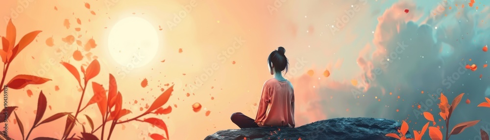 A person is sitting on a hill overlooking a lake. The sky is pink and the sun is setting. The scene is peaceful and serene, with the person enjoying the beauty of nature A person is sitting on a hill overlooking a lake. The sky is pink and the sun is setting. The scene is peaceful and serene, with the person enjoying the beauty of nature