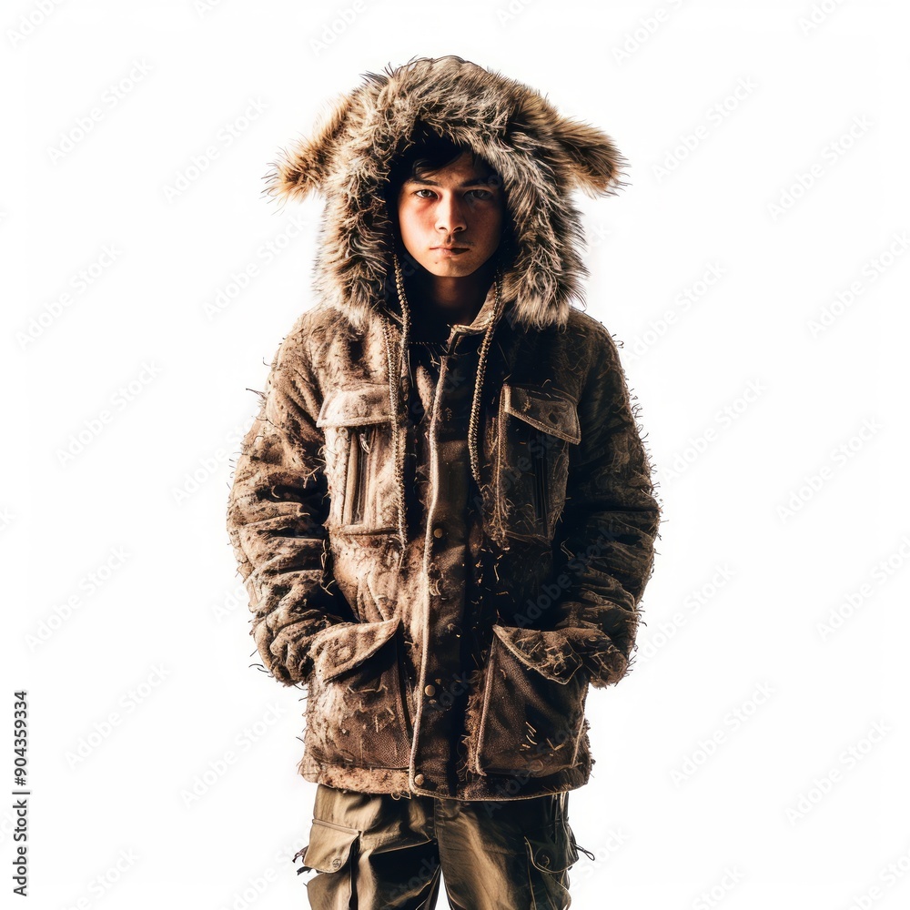Medium shot of man in a hat with earflaps and a fur coat, frame by torso, isolated on a white background, Medium shot of man in a hat with earflaps and a fur coat, frame by torso, isolated on a white background,
