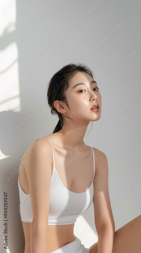 tied hair, white sleeveless shirt, natural, studio shot concept, cosmetics model, clean skin, woman face, beautiful, tied hair, white sleeveless shirt, natural, studio shot concept, cosmetics model, clean skin, woman face, beautiful,