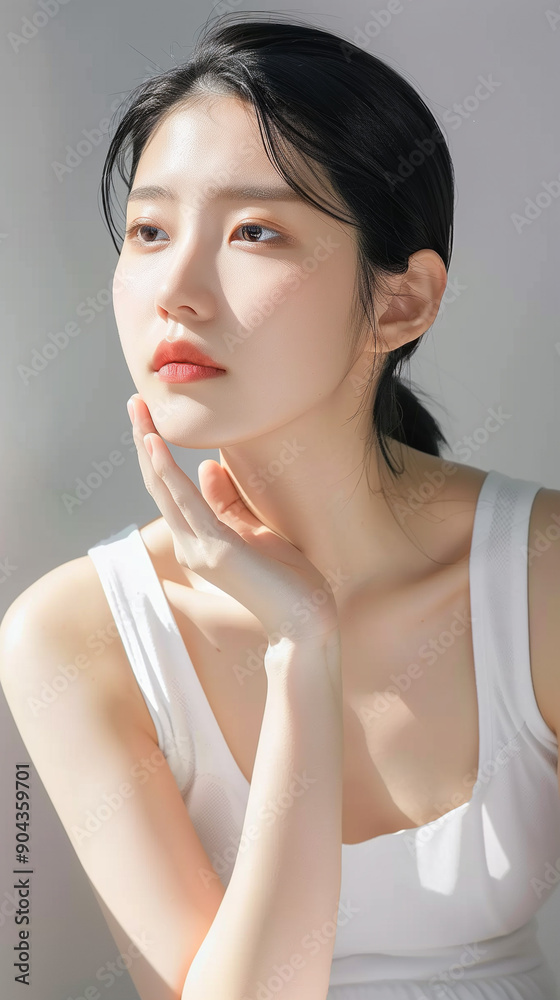 Skin concerns, worries, and breakouts, tied hair, white sleeveless shirt, natural, studio shot concept, cosmetics model, clean skin, woman face, beautiful, Skin concerns, worries, and breakouts, tied hair, white sleeveless shirt, natural, studio shot concept, cosmetics model, clean skin, woman face, beautiful,