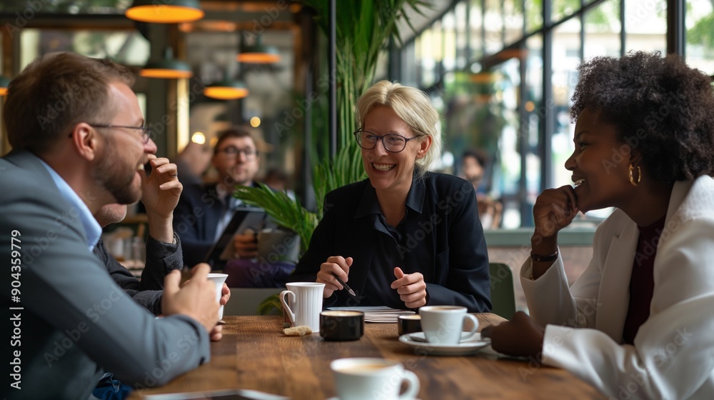 A group of coworkers having a friendly conversation A group of coworkers having a friendly conversation