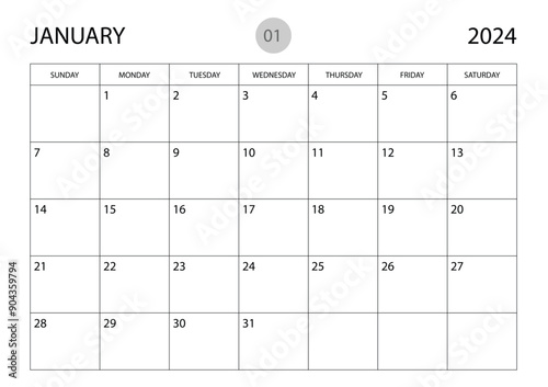 January 2024 year planner template, calendar 2024 template, monthly and yearly planners. organizer diary. week start Sunday, corporate planner template, Desk calendar 2024 year, Vector illustration