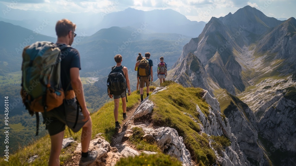 Fototapeta premium A group of friends hiking along a ridge line with breathtaking views