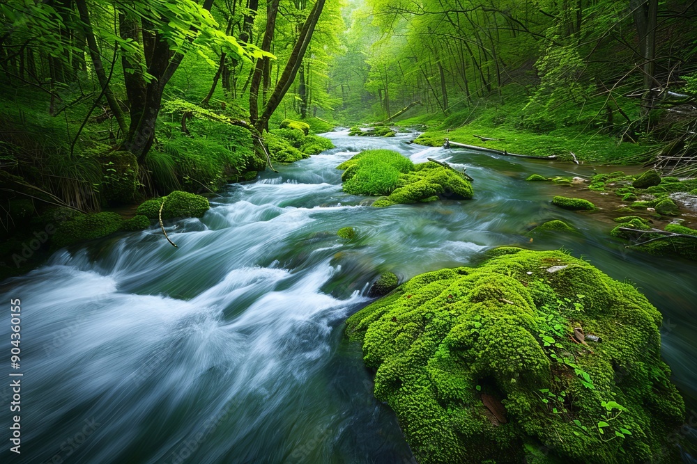 The waterfall in the forest with rays of sunlight is a beautiful 3D Nature and Landscape Wallpaper The waterfall in the forest with rays of sunlight is a beautiful 3D Nature and Landscape Wallpaper