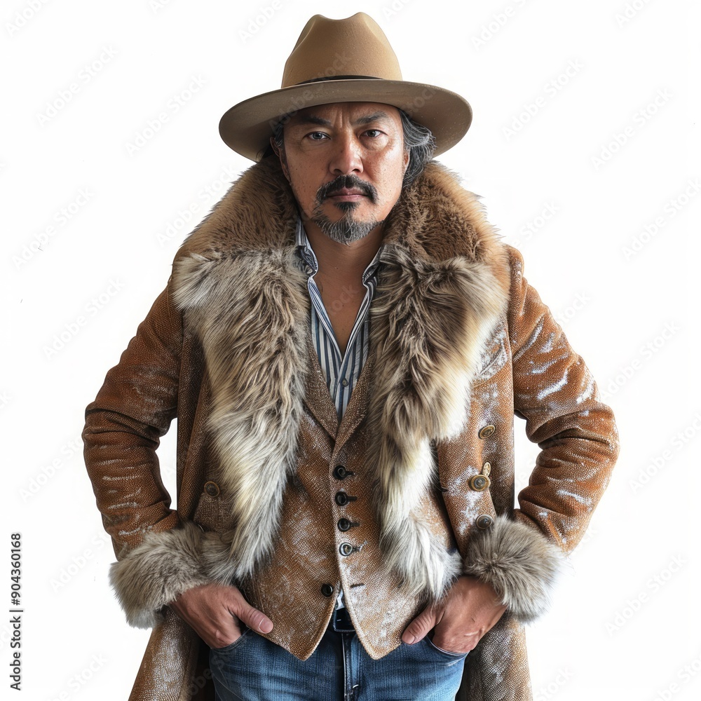 Medium shot of man in a hat with earflaps and a fur coat, frame by torso, isolated on a white background, Medium shot of man in a hat with earflaps and a fur coat, frame by torso, isolated on a white background,