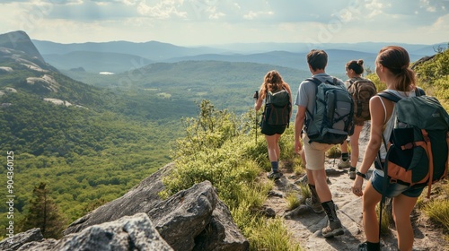 A group of friends hiking along a ridge line with breathtaking views