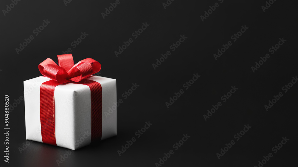 Fototapeta premium Black Friday sale minimalist background featuring white gift box, red discount icon on black background 