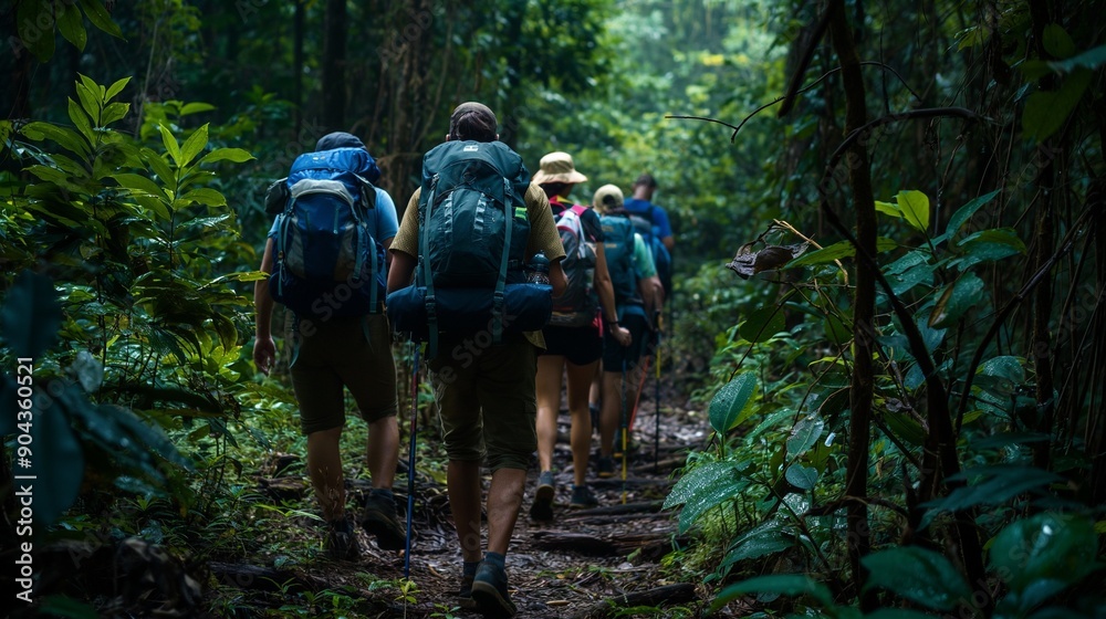 A group of hikers trekking through a dense forest