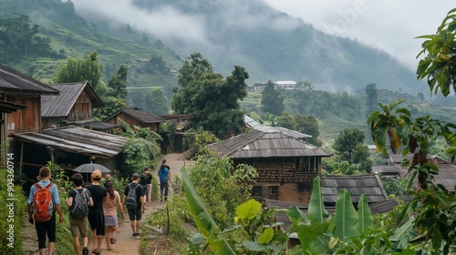 A group of international tourists visiting a local village nestled