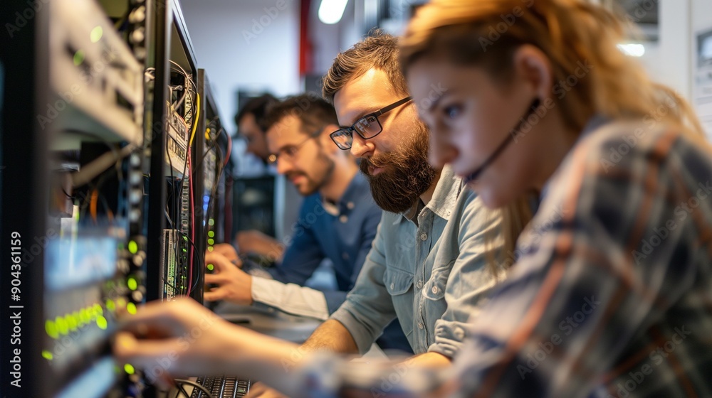 A group of IT specialists troubleshooting network issues A group of IT specialists troubleshooting network issues
