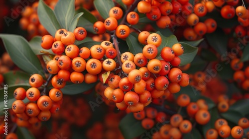 Vibrant firethorn berries clusters in late autumn garden photo