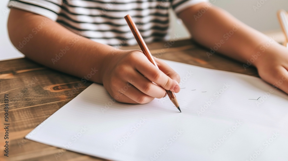 Child's hand writing with a pencil on a blank sheet of paper at a wooden table Child's hand writing with a pencil on a blank sheet of paper at a wooden table