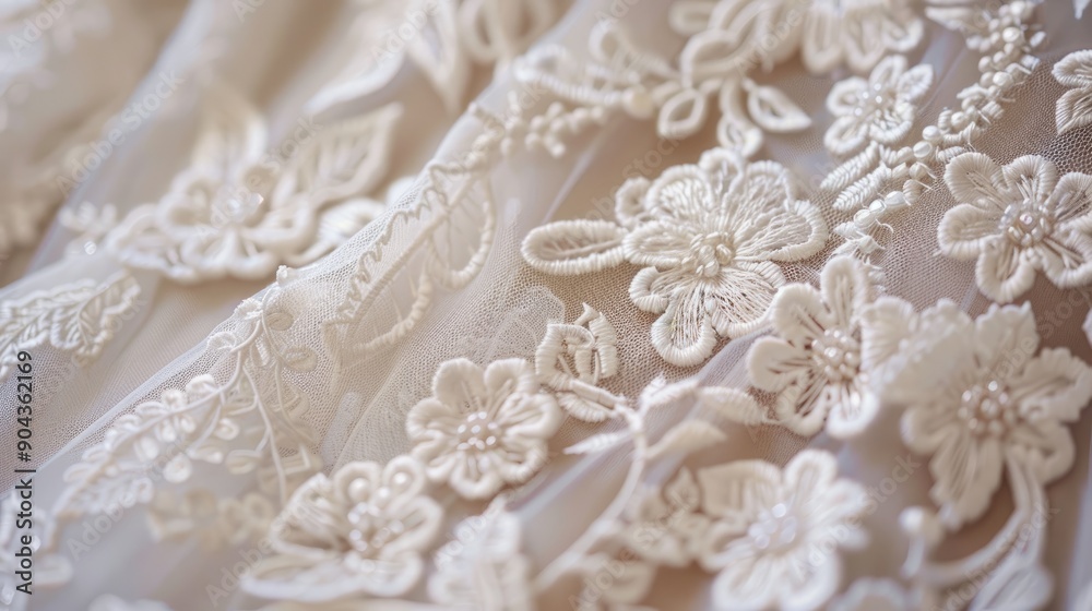 Intricate lace embroidery details on a wedding dress fabric