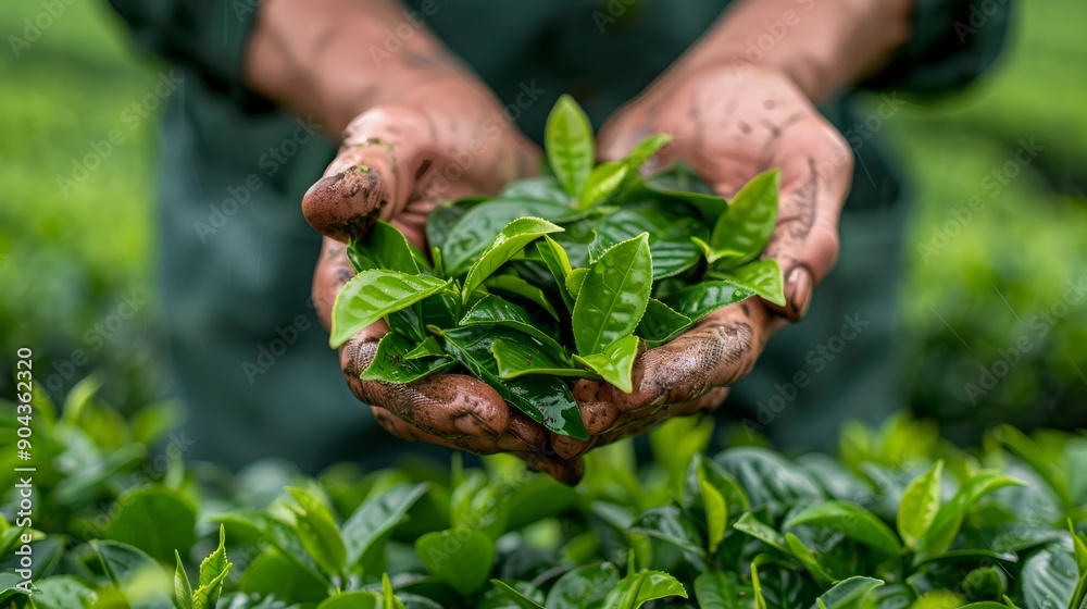 Tea leaf grading process in a verdant plantation during harvest season