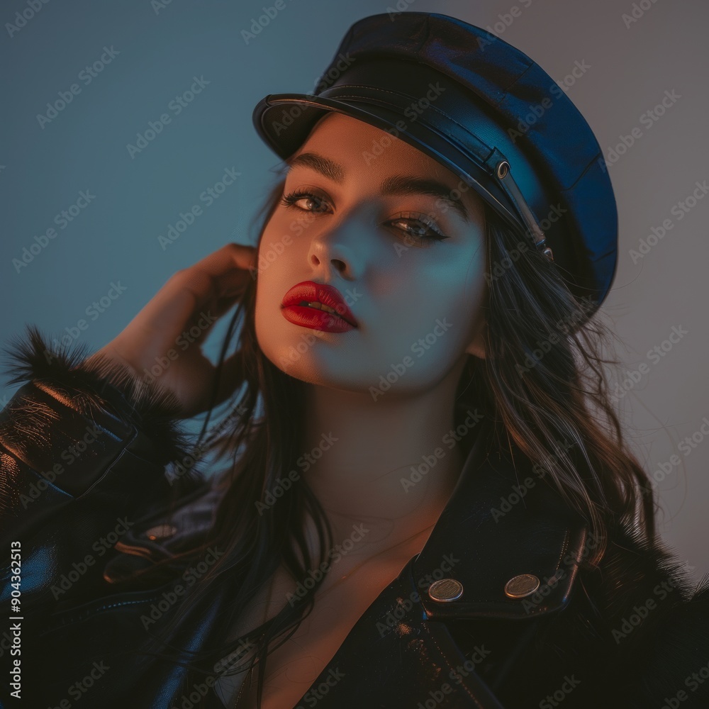 Medium shot of young woman in a hat with earflaps and a fur coat, hands in pocket, isolated on a white background Medium shot of young woman in a hat with earflaps and a fur coat, hands in pocket, isolated on a white background