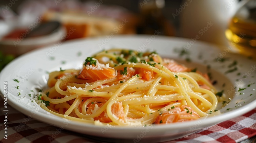 Smoked salmon pasta garnished with herbs in a spanish restaurant setting Smoked salmon pasta garnished with herbs in a spanish restaurant setting