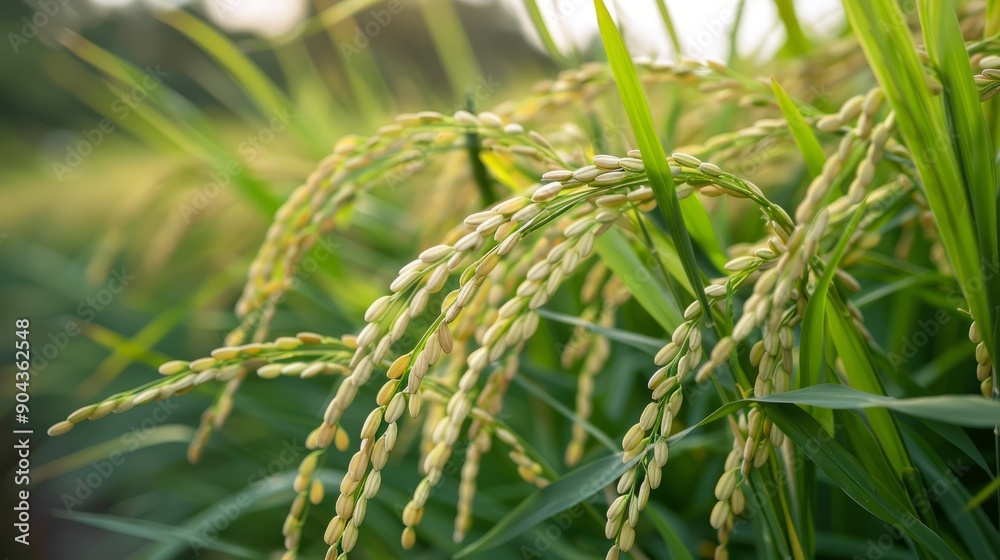Harvested rice plants under soft evening light in a lush field Harvested rice plants under soft evening light in a lush field