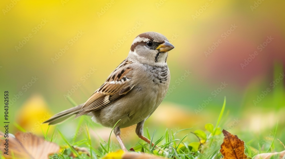 Young sparrow searches for food in grassy field on a sunny day
