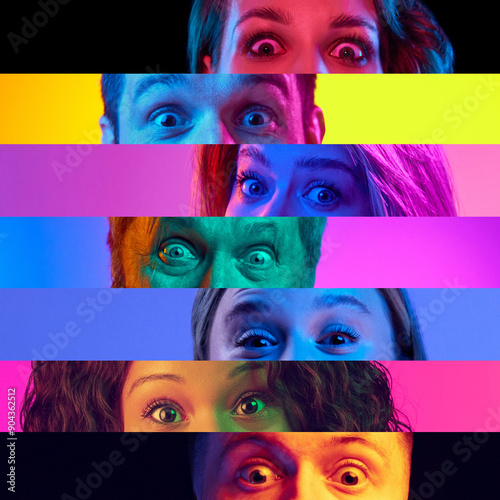 Collage made of different people, men and women expressing shock and surprise. Eyes placed on narrow stripes. Concept of human emptions, facial expression, diversity photo