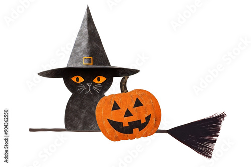 PNG Witch cat on a broom, Halloween paper craft remix, transparent background photo