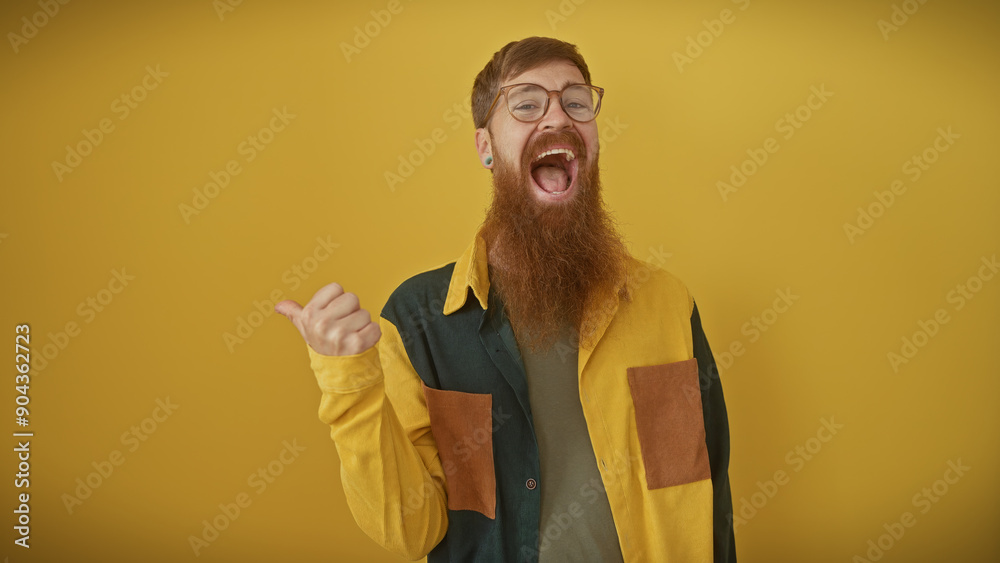 A cheerful young bearded man with red hair wearing glasses gestures thumbs-up against a vibrant yellow background. A cheerful young bearded man with red hair wearing glasses gestures thumbs-up against a vibrant yellow background.