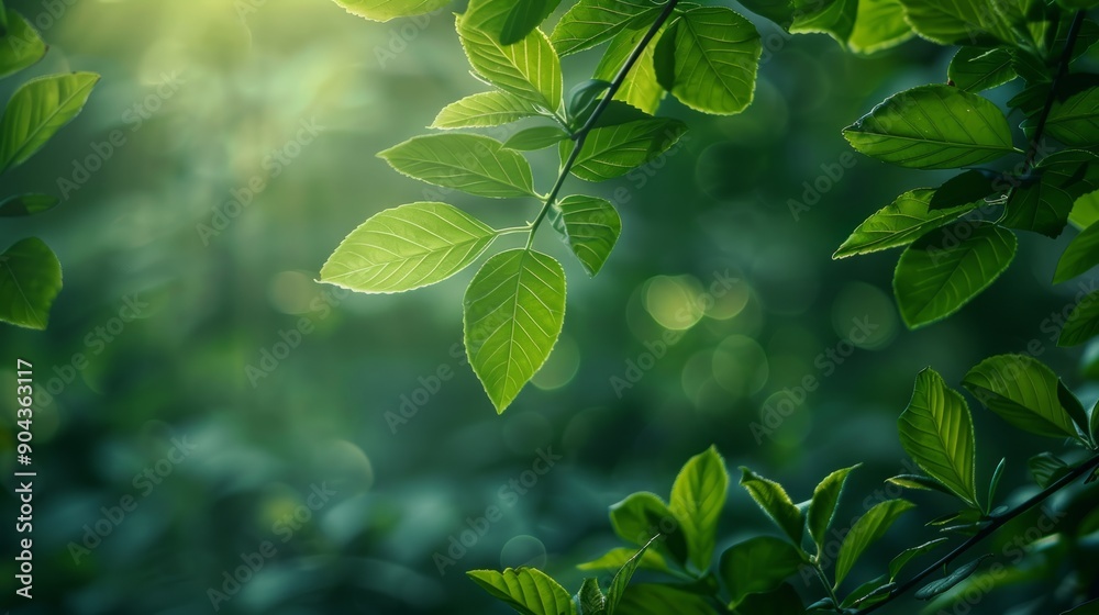 Lush green foliage illuminated by soft natural light in a vibrant forest setting Lush green foliage illuminated by soft natural light in a vibrant forest setting