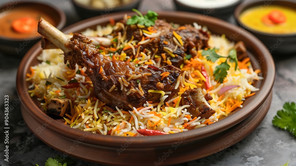 The aromatic and delectable mutton biryani meal is presented on a brown platter