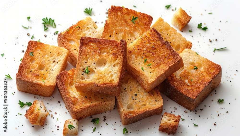 Sliced bread with some fresh croutons on white background. Sliced bread with some fresh croutons on white background.