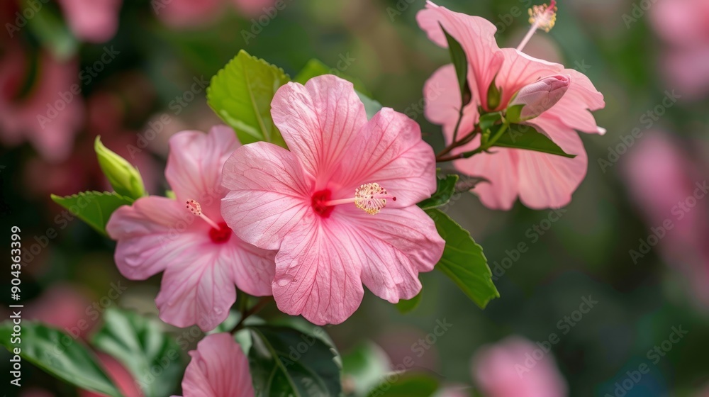 Blooming pink rose of sharon flowering in a lush garden during late spring Blooming pink rose of sharon flowering in a lush garden during late spring