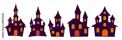 A row of five houses with spooky windows and a creepy roof. The houses are all purple and have a dark, eerie feel to them