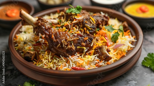 Obraz na płótnie The aromatic and delectable mutton biryani meal is presented on a brown platter w salonie