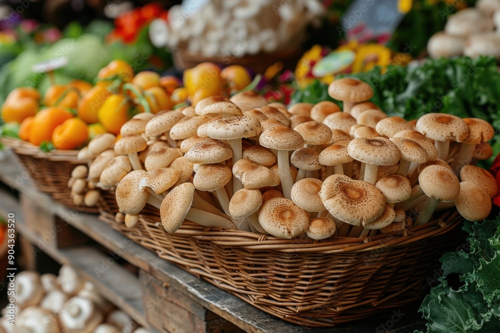 A close-up of a wicker basket overflowing with freshly harvested mushrooms at a local market A close-up of a wicker basket overflowing with freshly harvested mushrooms at a local market