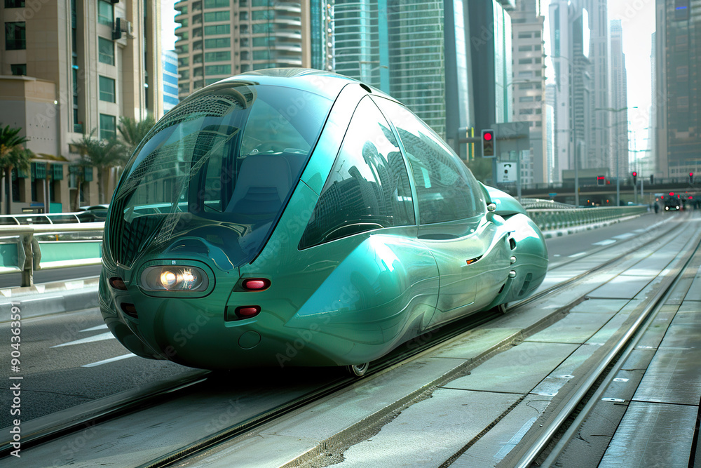 A green vehicle is driving down a city street. A green vehicle is driving down a city street.