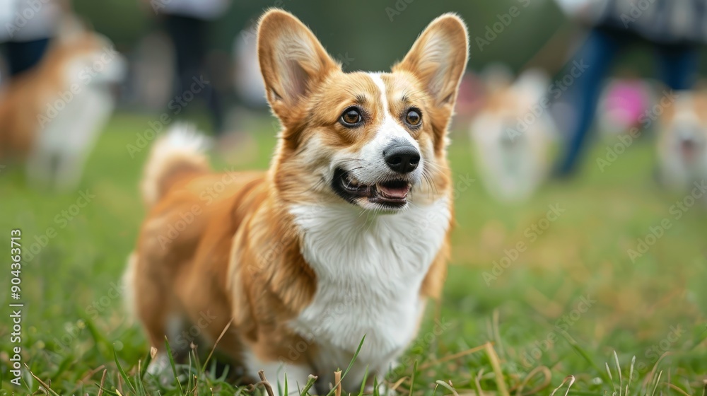 Corgi dog inspected at a dog show in a park during a sunny afternoon Corgi dog inspected at a dog show in a park during a sunny afternoon