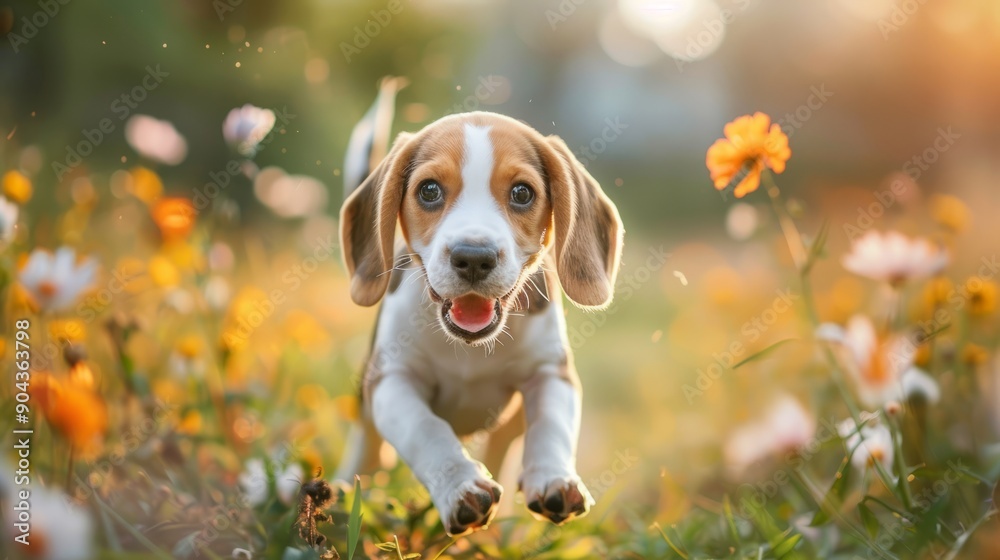 Energetic young beagle runs through colorful flower field at sunset Energetic young beagle runs through colorful flower field at sunset