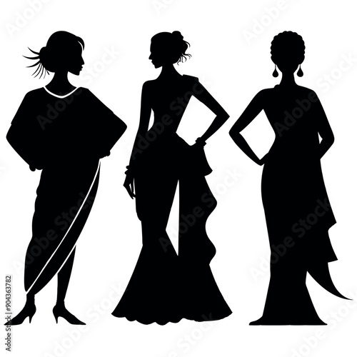 Women's saree fashion dress silhouettes isolated on a white background Vector illustrations design set