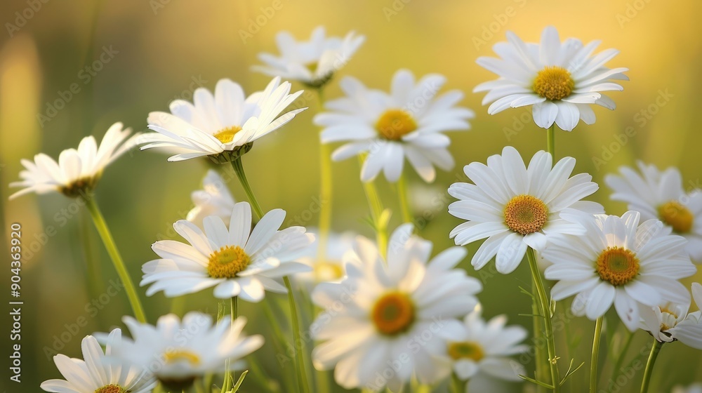 Blooming white daisies flourishing in a sunny meadow during springtime Blooming white daisies flourishing in a sunny meadow during springtime